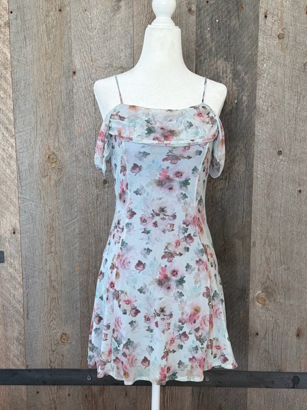 Floral Slip Dress with Off-Shoulder Detail - Light Blue/Pink